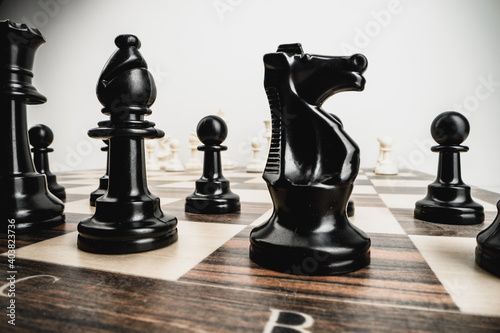 Macro photo of chess pieces on a chess board