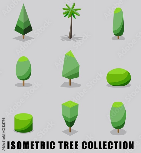 Collection of isometric tree and shrub flat design style. Vector illustration.