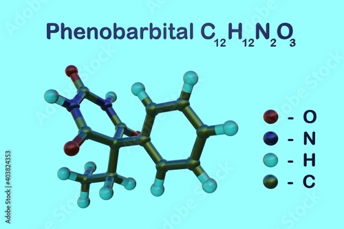 Structural chemical formula and molecular model of phenobarbital, a medication of the barbiturate type used for the treatment of epilepsy and seizures in young children. 3d illustration