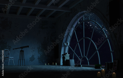 Room with arch window night and space