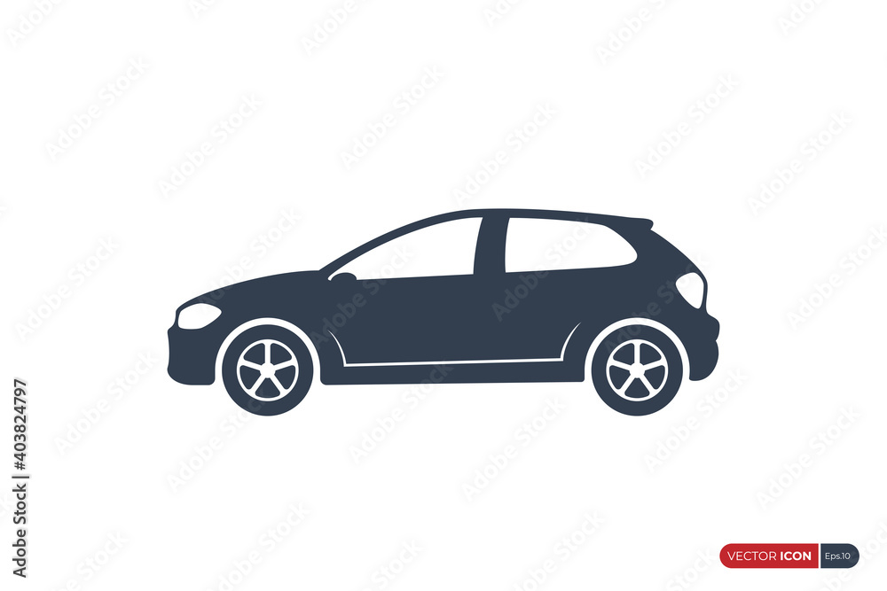 Car Icon with Racing Wheels Side View isolated on White Background. Usable for Automobile Logo. Flat Vector Illustration Design Template Element.