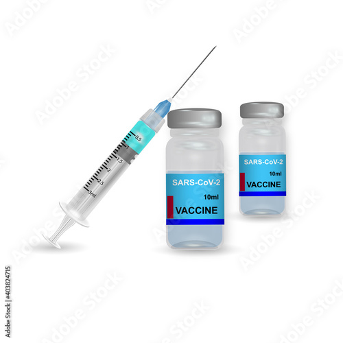 Icon plastic medical syringe with needle and vial in flat style, concept of vaccination, injection. Isolated vector illustration
