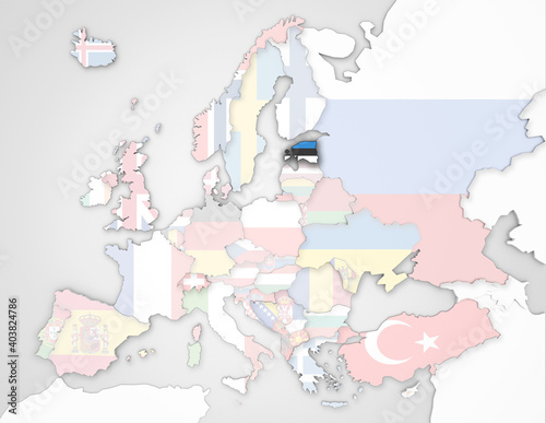 3D Europakarte auf der Estland hervorgehoben wird und die restlichen Flaggen transparent sind 