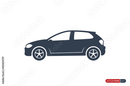 Car Icon with Racing Wheels Side View isolated on White Background. Usable for Automobile Logo. Flat Vector Illustration Design Template Element.