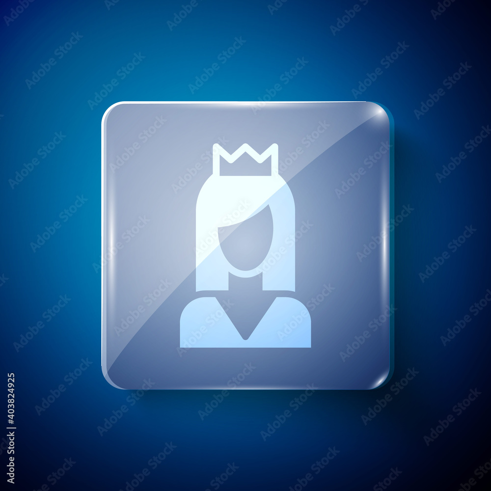 White Princess icon isolated on blue background. Square glass panels. Vector. White Princess icon isolated on blue background. Square glass panels. Vector.