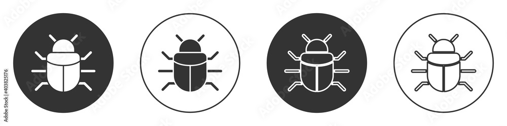 Black System bug concept icon isolated on white background. Code bug concept. Bug in the system. Bug searching. Circle button. Vector. Black System bug concept icon isolated on white background. Code bug concept. Bug in the system. Bug searching. Circle button. Vector.