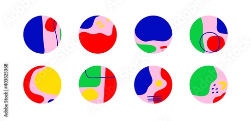 Abstract modern Vector Backgrounds. Bright colors. Hand drawn various Shapes. Set of eight Round Patterns. Contemporary design. Social media stories or avatar template. Every icon is Isolated on white