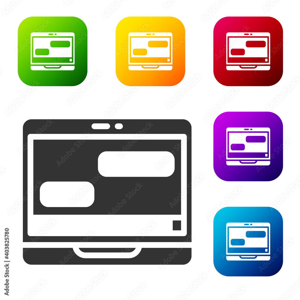 Black New chat messages notification on laptop icon isolated on white background. Smartphone chatting sms messages speech bubbles. Set icons in color square buttons. Vector. Black New chat messages notification on laptop icon isolated on white background. Smartphone chatting sms messages speech bubbles. Set icons in color square buttons. Vector.