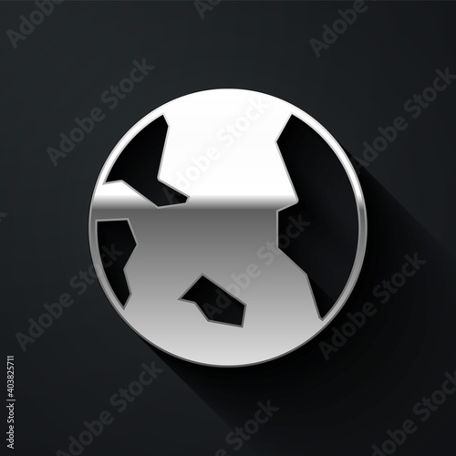 Silver Earth globe icon isolated on black background. World or Earth sign. Global internet symbol. Geometric shapes. Long shadow style. Vector.