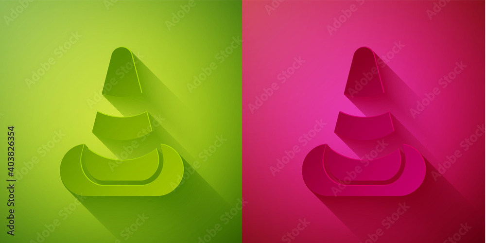 Paper cut Traffic cone icon isolated on green and pink background. Paper art style. Vector. Paper cut Traffic cone icon isolated on green and pink background. Paper art style. Vector.