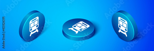Isometric Train and railway icon isolated on blue background. Public transportation symbol. Subway train transport. Metro underground. Blue circle button. Vector.