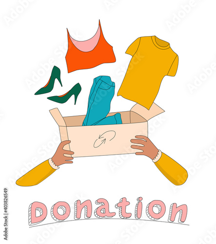 Hands are holding cardboard box with clothes and making donation.Charity and humanitarian aid concept.Swapping,exchanging garment.Doodle style elements.Eco lifestyle.Giving your wardrobe second chance