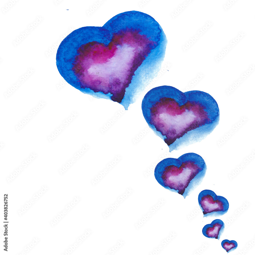 Set of watercolor hearts, great design for any purposes. Purple and blue colors. Colorful splash. Hand drawn picture