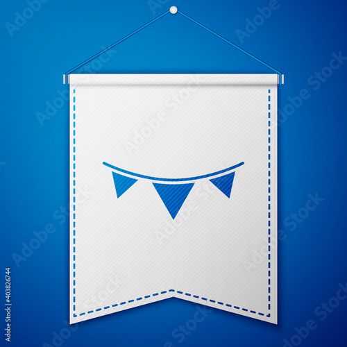 Blue Carnival garland with flags icon isolated on blue background. Party pennants for birthday celebration, festival decoration. White pennant template. Vector.