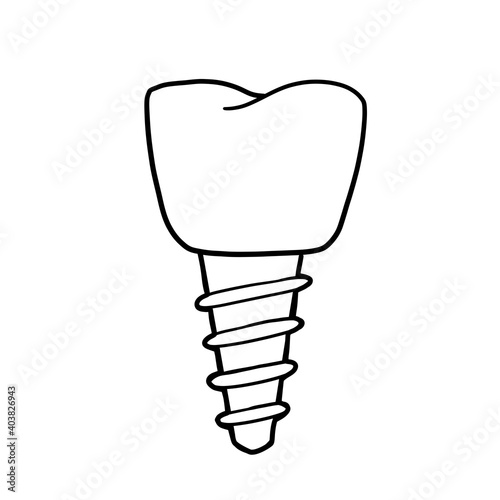 Tooth pin. Dentist element. Dental care and implant. Medical white part with the thread for the mouth. Doctor's job. Black and white illustration. Operation for health