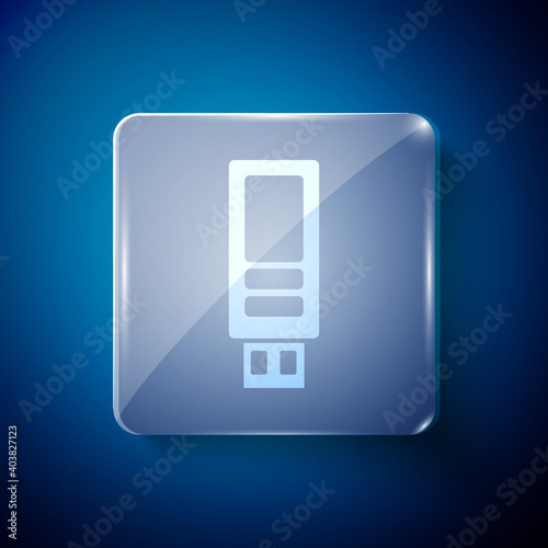 White USB flash drive icon isolated on blue background. Square glass panels. Vector.