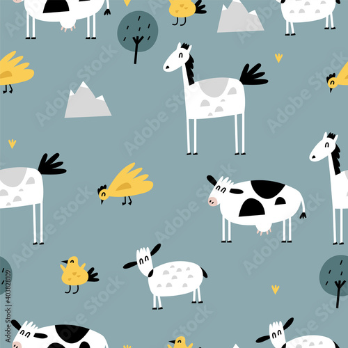 Vector flat illustartions set of standing animals - horse, cow, chicken and bird with sheep. Funny characters for kids. Cartoon style seamless patterns. © oxygen_8