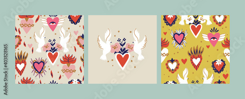 Various Sacred hearts. Traditional Mexican hearts. Hand drawn colored trendy vector illustration. Seamless pattern