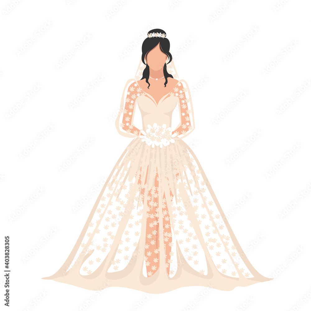 Beautiful bride in a transparent lace dress with a wedding bouquet in her hands. Flat wedding vector illustration isolated on white background. Beautiful bride in a transparent lace dress with a wedding bouquet in her hands. Flat wedding vector illustration isolated on white background.