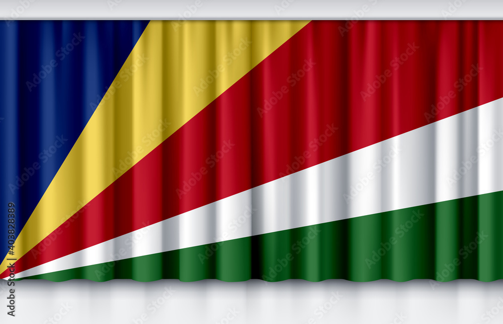 Fototapeta premium Flag of Seychelles on silk curtain, stage performance event ceremony show,3d illustration
