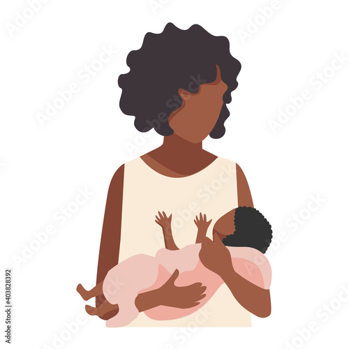 Happy black mom with a baby in her arms after childbirth. The joy of motherhood. Love and care for children. Mother's day. Isolated vector illustration.