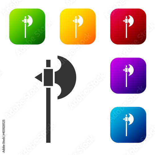 Black Medieval axe icon isolated on white background. Battle axe, executioner axe. Medieval weapon. Set icons in color square buttons. Vector.