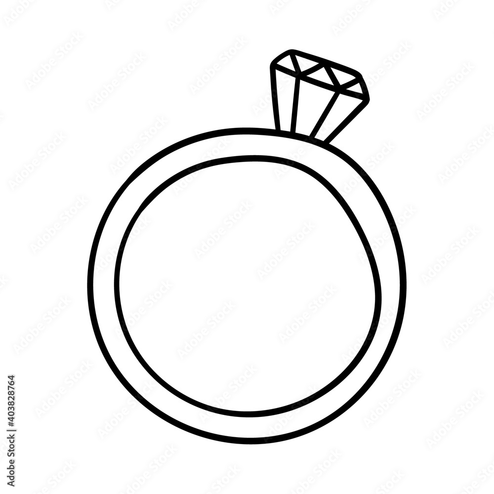 A ring with a precious stone. Decorative element for Valentine's Day. Simple outlining a single design object is drawn by hand and isolated on a white background. Black white vector illustration. A ring with a precious stone. Decorative element for Valentine's Day. Simple outlining a single design object is drawn by hand and isolated on a white background. Black white vector illustration.