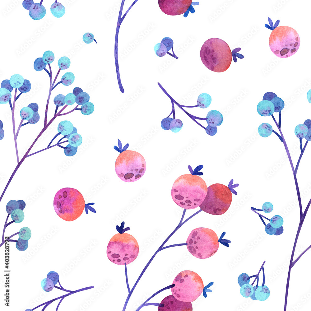 Seamless pattern with blue and pink stylized berries. Wallpaper, wrapping paper design, textile, scrapbooking, digital paper. Watercolor hand drawn illustrations on white background. Seamless pattern with blue and pink stylized berries. Wallpaper, wrapping paper design, textile, scrapbooking, digital paper. Watercolor hand drawn illustrations on white background.