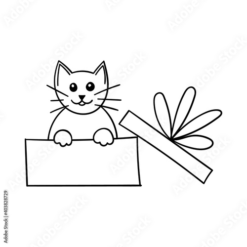 Cat in an open box. Simple decorative design element. The outline illustration is hand-drawn, isolated on a white background. Black white vector