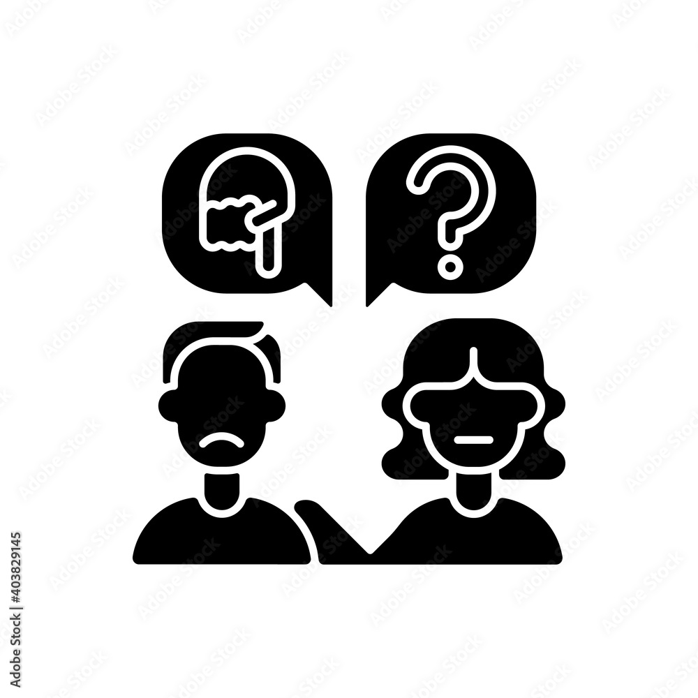 Fototapeta premium Talk to someone black glyph icon. Help to upset person. Psychological support for abuse victim. Sad man speak with woman. Silhouette symbol on white space. Vector isolated illustration