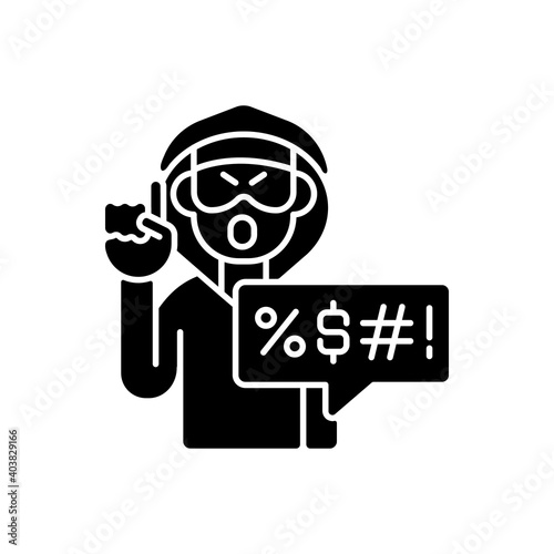 Hate speech black glyph icon. Offensive comment. Rude talk. Shaming and spreading negativity. Cyberbullying and cyberharassment. Silhouette symbol on white space. Vector isolated illustration