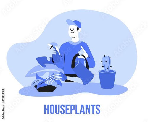 Man spends his leisure time during quarantine sitting at home watering the plant