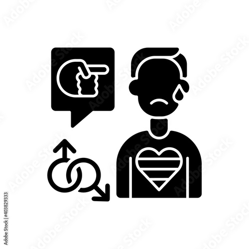 LGBT cyberbullying black glyph icon. Transphobic and homophobic offensive comments. Online harassment. Gay, transgender discrimination. Silhouette symbol on white space. Vector isolated illustration