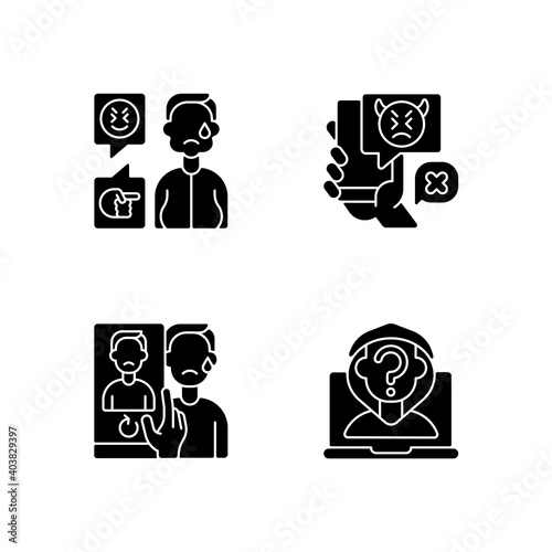 Cyberbullying and discrimination black glyph icons set on white space. Weight-based bullying. Bodyshaming overweight person. Social media harassment. Silhouette symbols. Vector isolated illustration