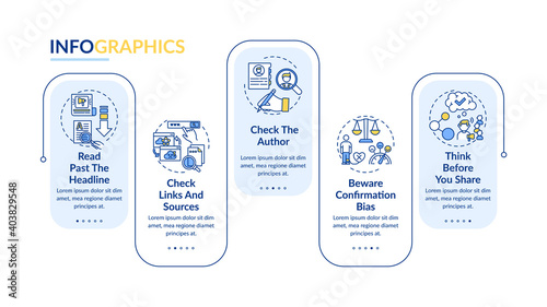 False news checking vector infographic template. Bewaring confirmation bias presentation design elements. Data visualization with 5 steps. Process timeline chart. Workflow layout with linear icons