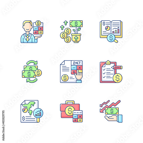 Accounting RGB color icons set. Company and business financial transactions management during specific period of time. Isolated vector illustrations © bsd studio