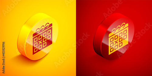 Isometric Calendar fitness icon isolated on orange and red background. Training schedule. Circle button. Vector.