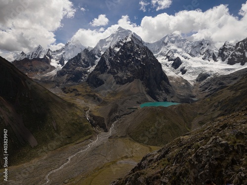 Panorama view of Cordillera Huayhuash Circuit andes mountain San Antonio pass Laguna Jurau lake Huanuco Peru photo