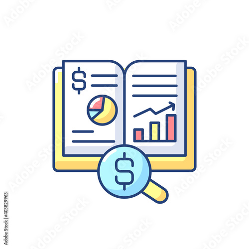 Ledger RGB color icon. Principal book or computer file for recording and totaling economic transactions measured in monetary unit. Isolated vector illustration
