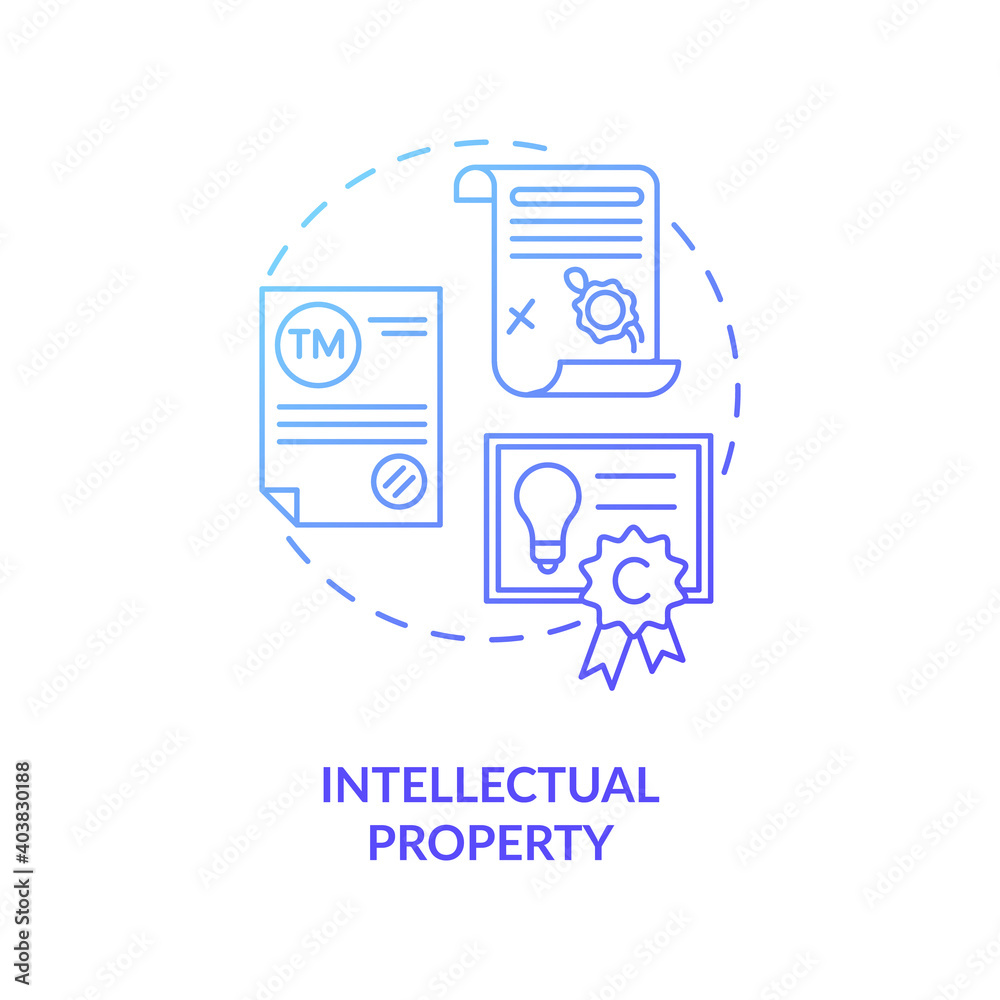 Intellectual property concept icon. Intangible asset idea thin line illustration. Mental-work products. Literary and artistic works. Copyrights, trademarks. Vector isolated outline RGB color drawing Intellectual property concept icon. Intangible asset idea thin line illustration. Mental-work products. Literary and artistic works. Copyrights, trademarks. Vector isolated outline RGB color drawing