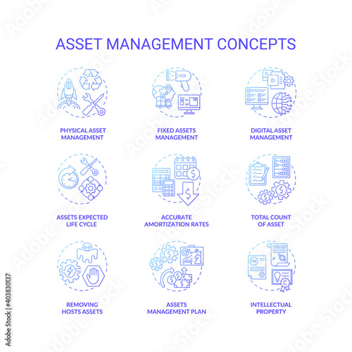 Asset management concept icons set. Investments managing idea thin line RGB color illustrations. Accurate amortization rates. Management plan. Intellectual property. Vector isolated outline drawings