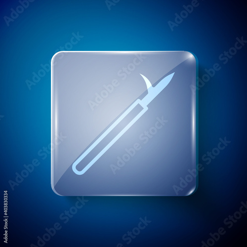 White Metal pike pole with wooden handle icon isolated on blue background. Spear, pickaxe, hook hand extinguishing instrument and tool for fireman. Square glass panels. Vector.
