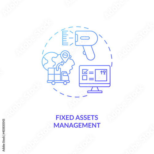 Fixed assets management concept icon. AM type idea thin line illustration. Accounting process. Tracking and maintaining organization physical capital. Vector isolated outline RGB color drawing
