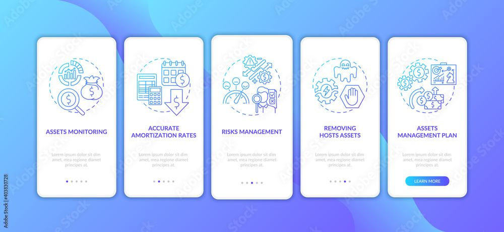 Investment management benefits onboarding mobile app page screen with concepts. Monitoring, plan managing walkthrough 5 steps graphic instructions. UI vector template with RGB color illustrations