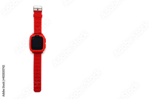 Red children's smart watch on white background