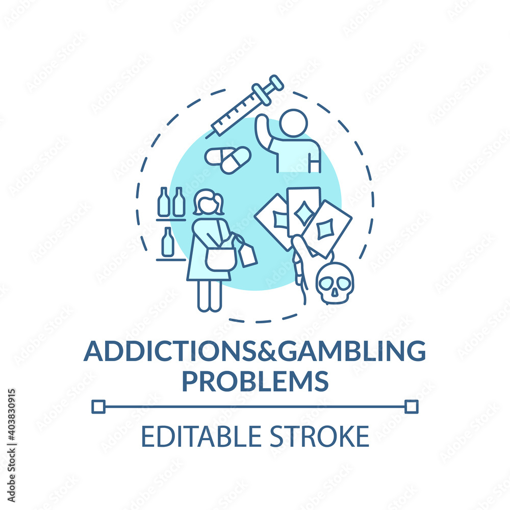 Addictions and gambling problems turquoise concept icon. Addict behavior. Cause of parental neglect idea thin line illustration. Vector isolated outline RGB color drawing. Editable stroke Addictions and gambling problems turquoise concept icon. Addict behavior. Cause of parental neglect idea thin line illustration. Vector isolated outline RGB color drawing. Editable stroke