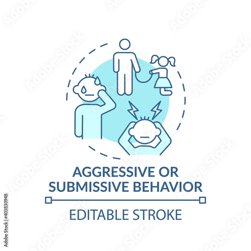 Aggressive or submissive behavior turquoise concept icon. Sign of domestic abuse, parental neglect. Child safety idea thin line illustration. Vector isolated outline RGB color drawing. Editable stroke