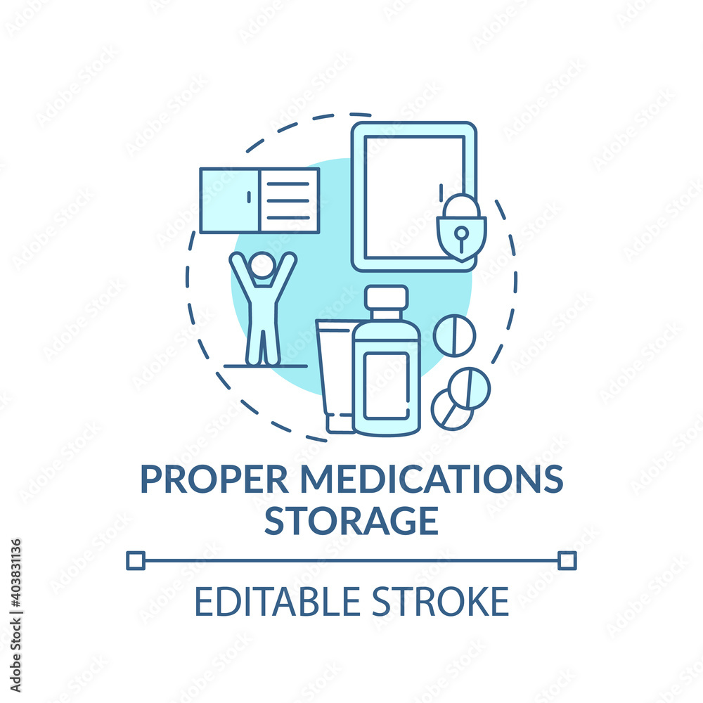 Proper medication storage turquoise concept icon. House security for kids. Home babyproofing. Child safety idea thin line illustration. Vector isolated outline RGB color drawing. Editable stroke Proper medication storage turquoise concept icon. House security for kids. Home babyproofing. Child safety idea thin line illustration. Vector isolated outline RGB color drawing. Editable stroke
