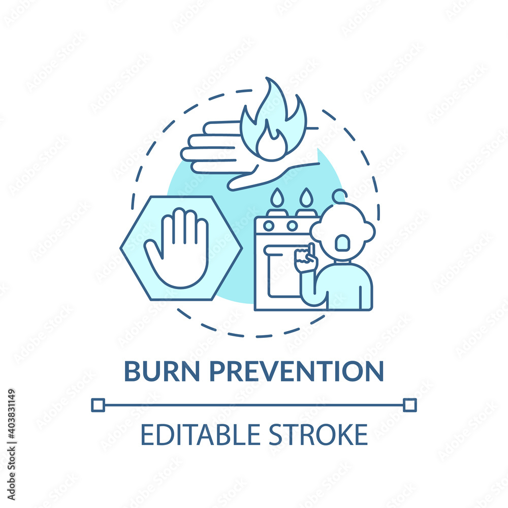 Burn prevention turquoise concept icon. Kid protection from harm. Fire hazard precaution. Child safety idea thin line illustration. Vector isolated outline RGB color drawing. Editable stroke