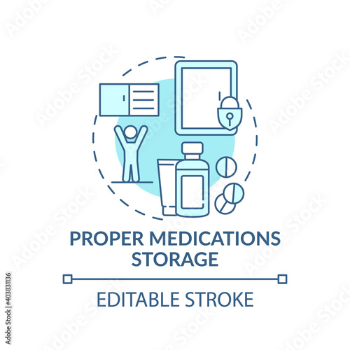 Proper medication storage turquoise concept icon. House security for kids. Home babyproofing. Child safety idea thin line illustration. Vector isolated outline RGB color drawing. Editable stroke